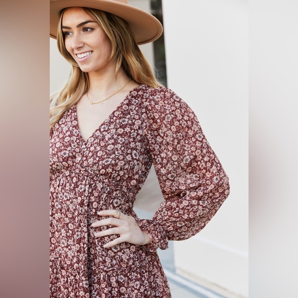 Mine and E&M Floral V-Neck Flounce Sleeve Dress Chestnut - Picture 7 of 7
